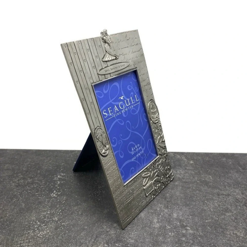New Seagull Fine Pewter 4x6 Photo Frame Marriage Wedding Cake Champagne Glasses